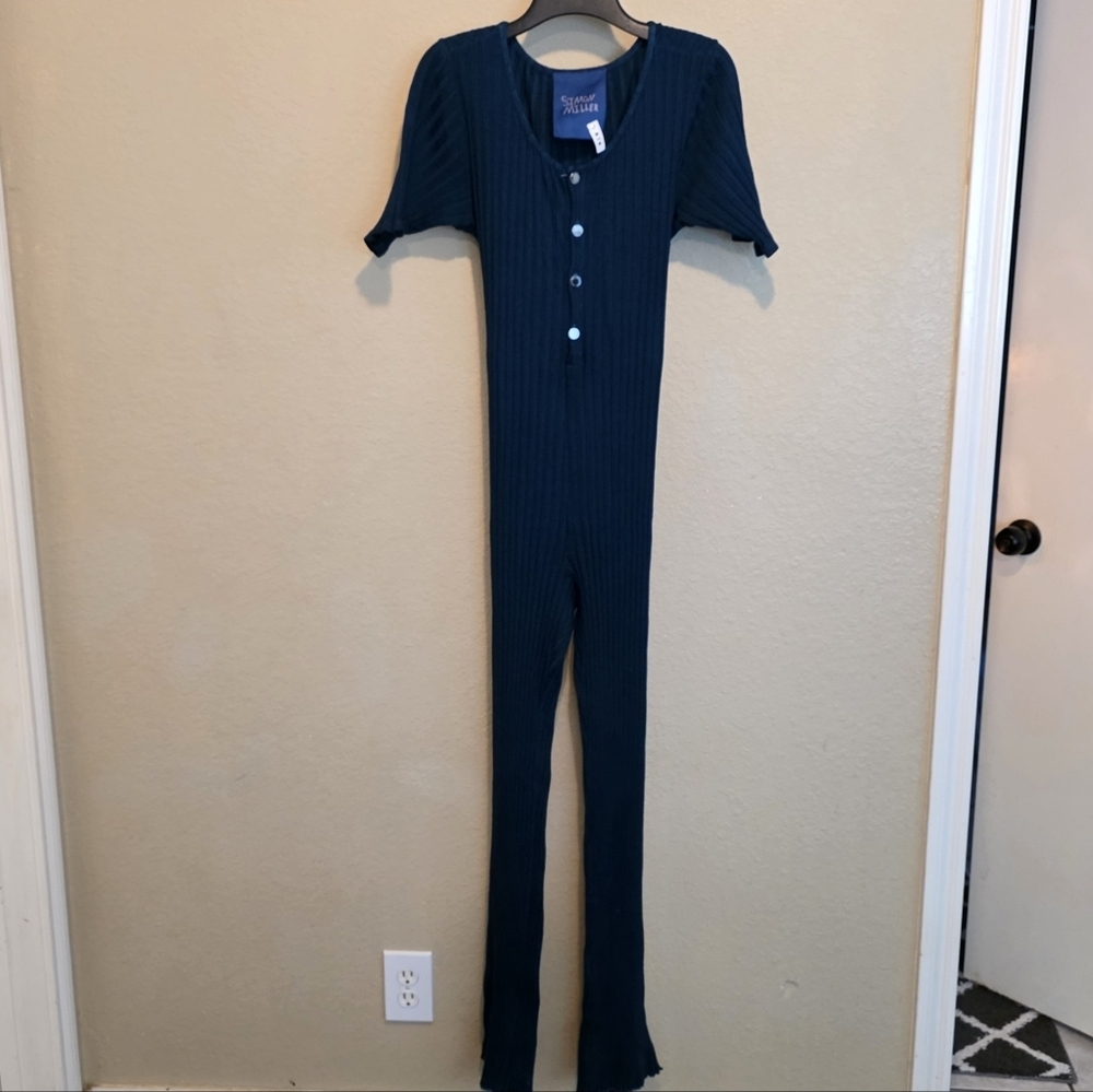 Simon Miller Ribbed Button Front Short Sleeve Jumpsuit Tie Back Flare Leg Teal